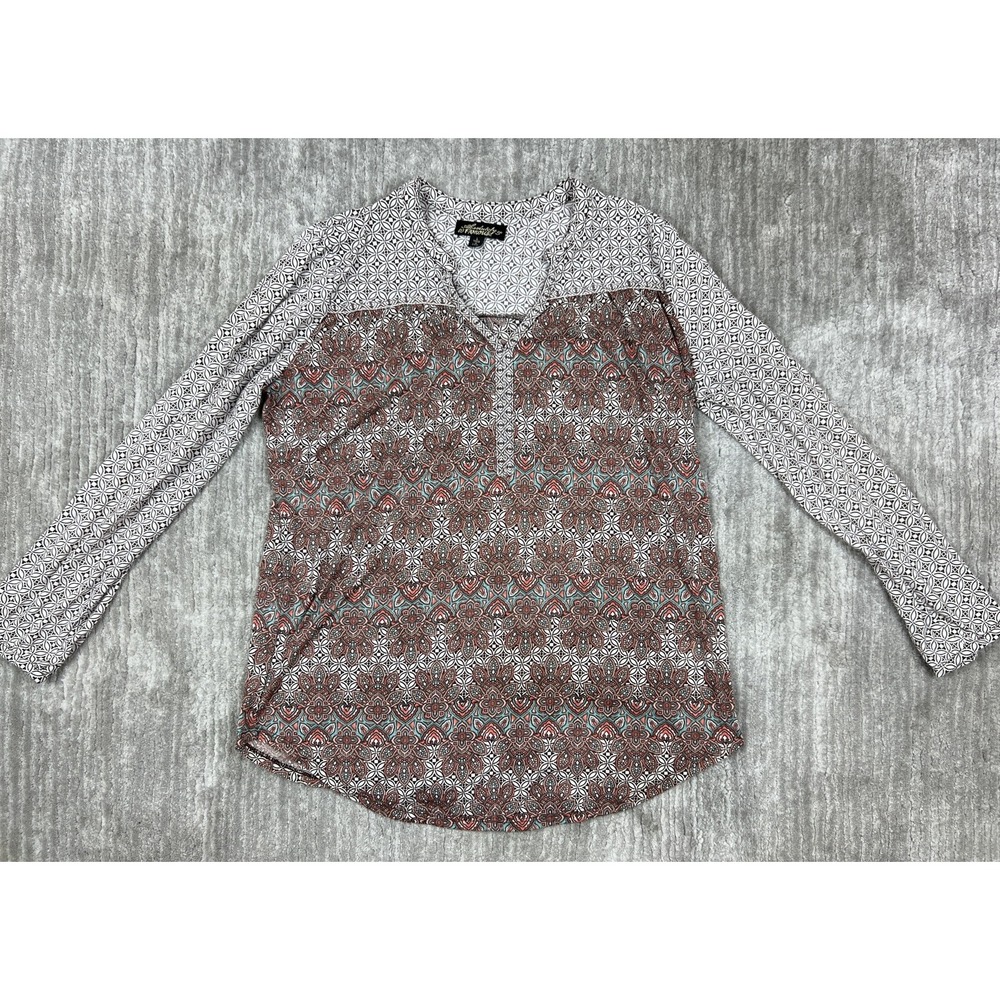 Absolutely Famous Blouse Womens L Rust Mixed Print Split V-Neck Long Sleeve Top